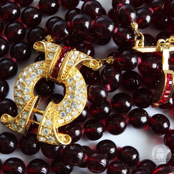 Nolan Miller Necklace Multistrand Red Glass Beads Rhinestones Clasp Vintage 80s - Picture 4 of 10